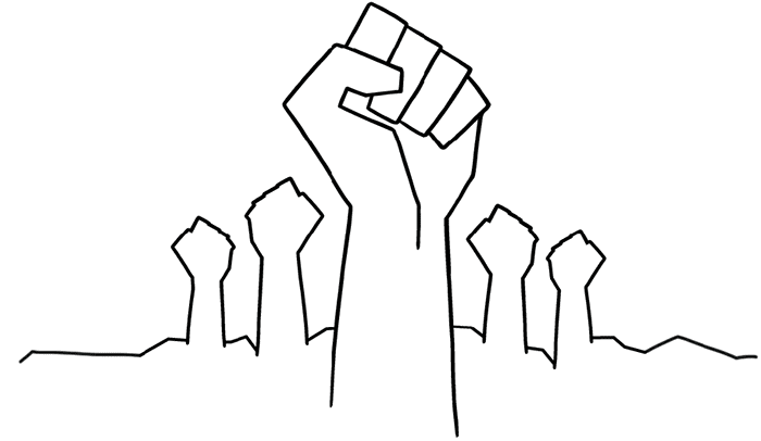 Line drawing of five raised fists, with the central fist being the largest, symbolizing solidarity, strength, and a commitment to social justice.
