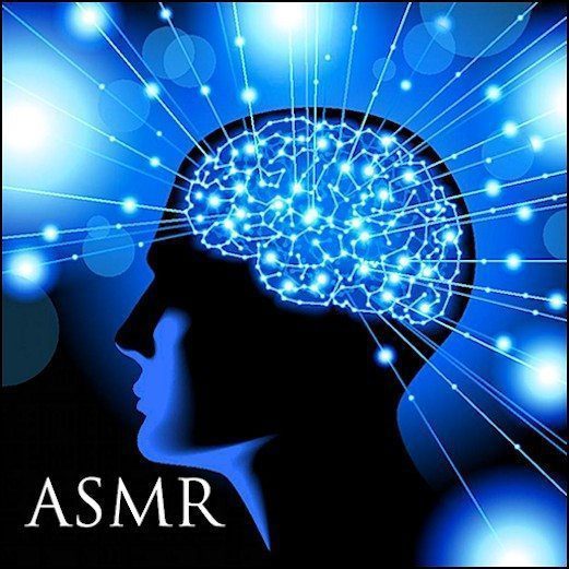 A silhouette of a human head with a glowing, intricately connected brain network inside. Light rays extend outward from the brain, symbolizing neural activity during an ASMR study. The acronym "ASMR" is written at the bottom left corner. The background is a gradient of blue hues.