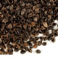 A close-up of a pile of dark brown, triangular buckwheat seeds against a white background resembles the filling of a Bucky Pillow. The seeds have a rough texture and vary slightly in size, with some scattered around the main pile.