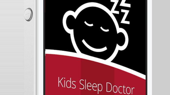 A close-up photo of a smartphone screen displaying an app icon. The icon features a cartoon image of a smiling child sleeping with "Zzz" above their head, set against a black background. Below the image, text reads "Kids Sleep Doctor," highlighting this effective sleep app for children.