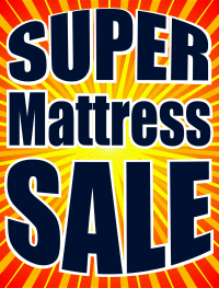 A vibrant advertisement with a red and yellow starburst background. Bold, black text in the center reads "SUPER Memorial Day Mattress Sale 2015.