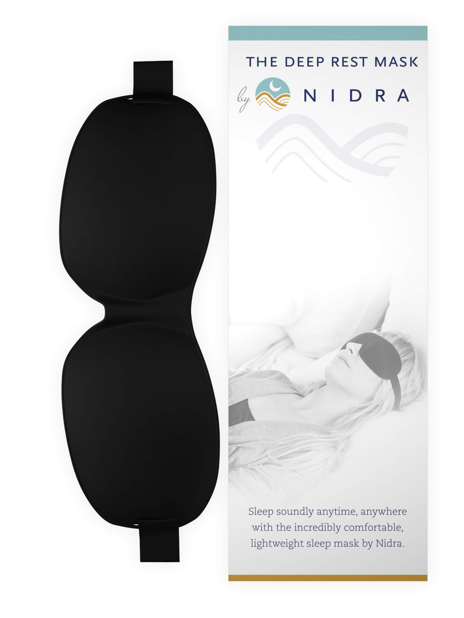 A black sleep mask is displayed next to its packaging, which features an image of a person wearing the mask. The packaging text reads "The Deep Rest Mask by Nidra" and mentions the mask's comfort and lightweight design for use anytime, anywhere. Perfect for those seeking a quality Nidra Sleep Mask review.