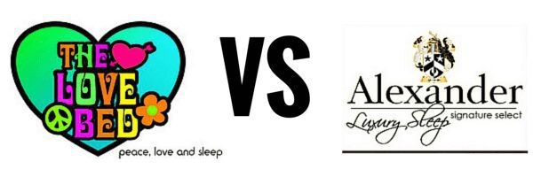 Graphic with logos of two brands. On the left, a heart shape with "The Love Bed" in colorful letters, a peace sign, a flower, and the words "peace, love and sleep." On the right, "Alexander Luxury Sleep" with a crest and "signature select." A bold black "VS" divides them. Nest Bedding Review included.