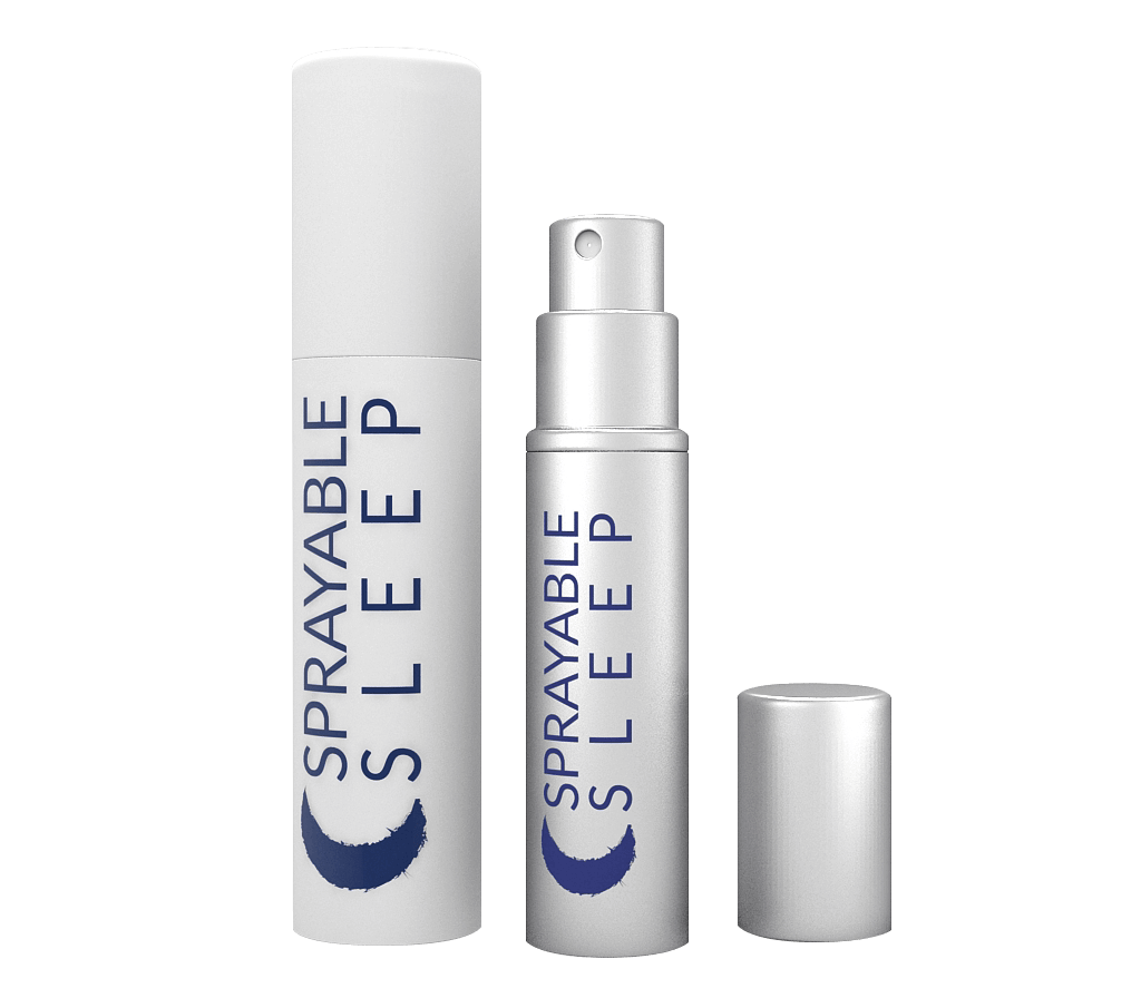 Two cylindrical bottles labeled "SPRAYABLE SLEEP" sit side by side. One is capped, while the other reveals its spray nozzle. Both are silver with blue text and a blue crescent moon graphic, embodying tranquility.