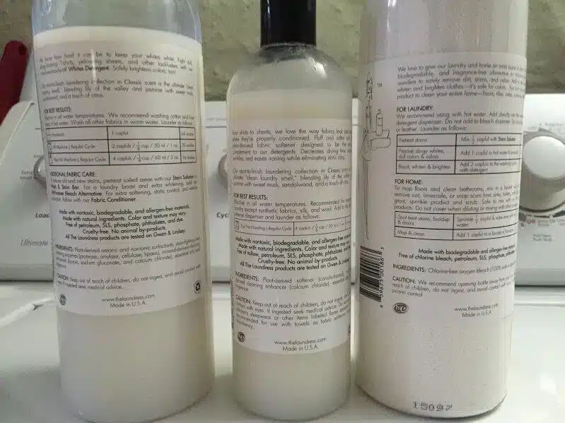 Back labels showing The Laundress dosage and instructions