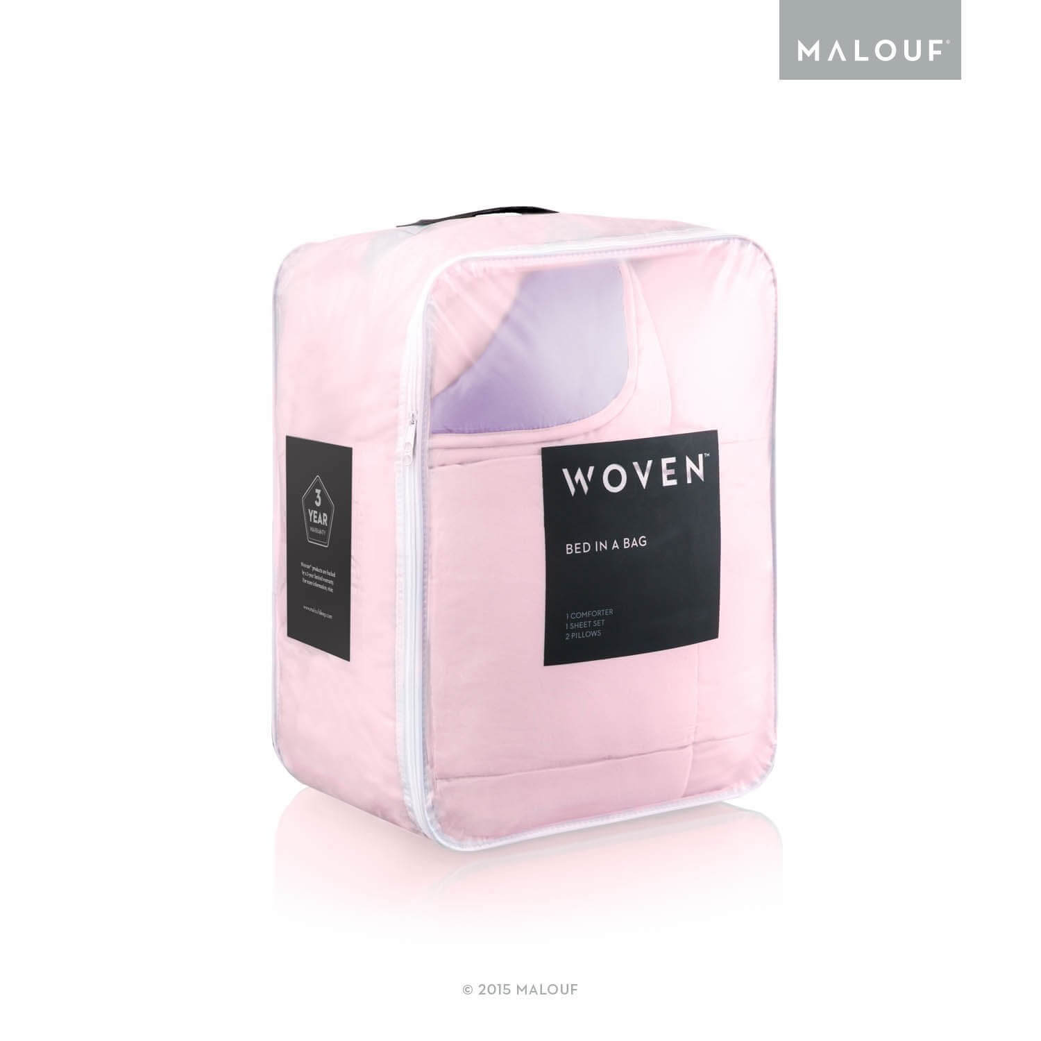 Clear plastic packaging containing a pink comforter set. The front label reads "WOVEN Bed In A Bag" and highlights its warranty and luxurious feel. The brand "MALOUGF" is displayed in the top-right corner.