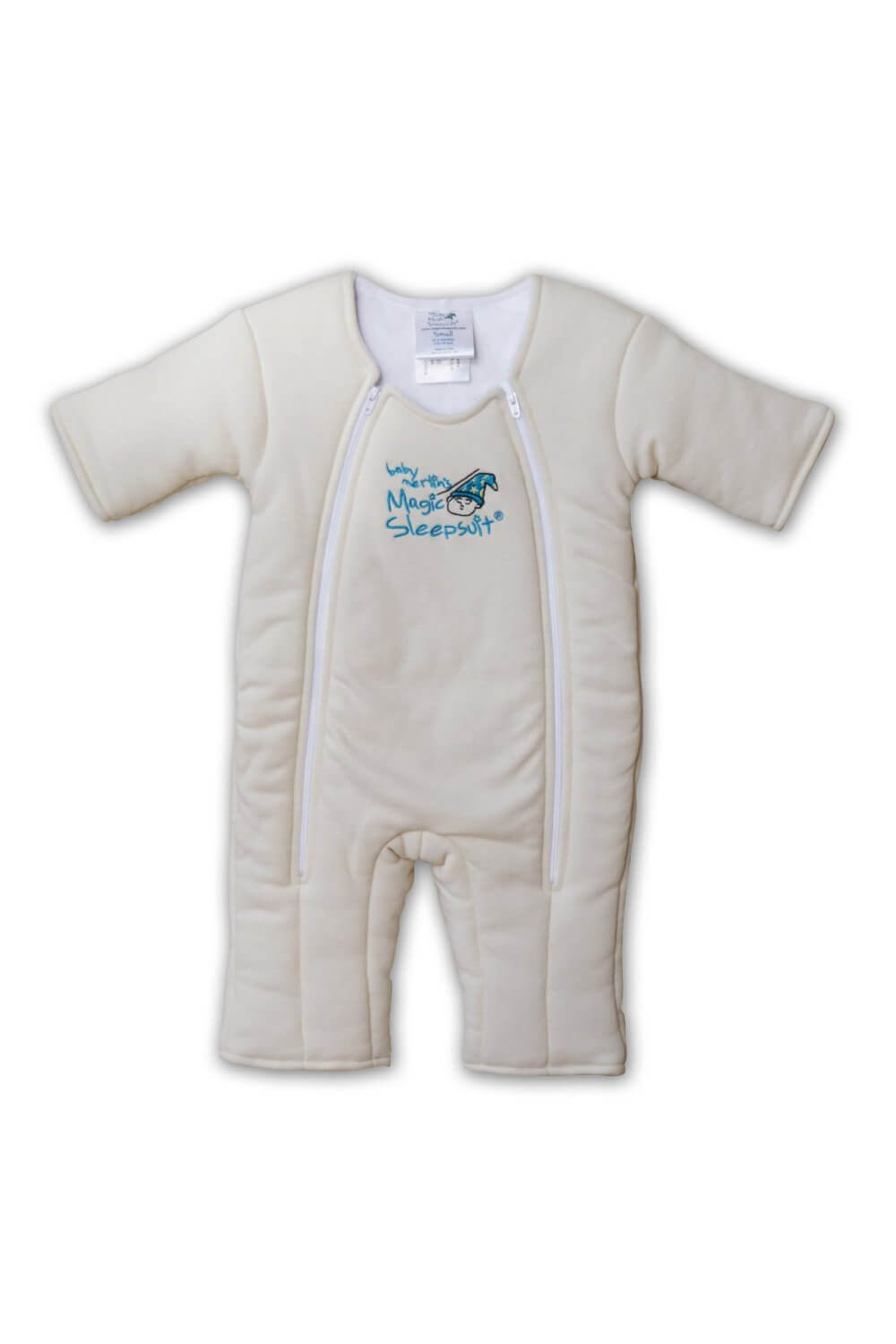 A baby sleepsuit with a cream color, featuring two front zippers for easy access. The suit has long sleeves, padded sections, and a small embroidered image of a fish alongside text that reads "Magic Sleepsuit" on the chest area.