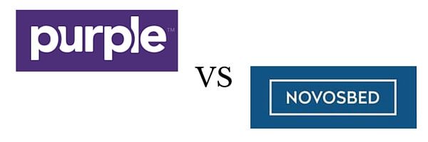 Image showing the logos of two mattress companies: Purple Mattress on the left, with a purple background, and Novosbed on the right, with a blue background. The logos are separated by a "VS" text in the center, indicating a comparison between the two brands.