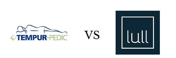 Image displaying a comparison between two mattress brands. On the left is the Tempur-Pedic logo featuring a reclining figure with the brand name in blue and green text. On the right is the Lull logo in white text within a dark blue square. "VS" is in the center, highlighting "lull vs tempurpedic.