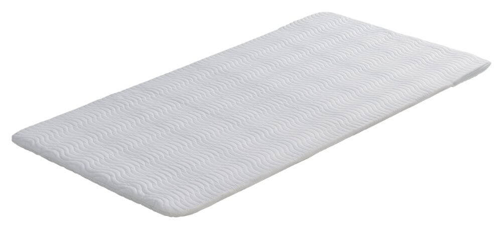 An image of a white rectangular mattress topper featuring a textured, wavy pattern on its surface. The topper appears to be made from a soft, cushioned material intended to add comfort to a mattress.