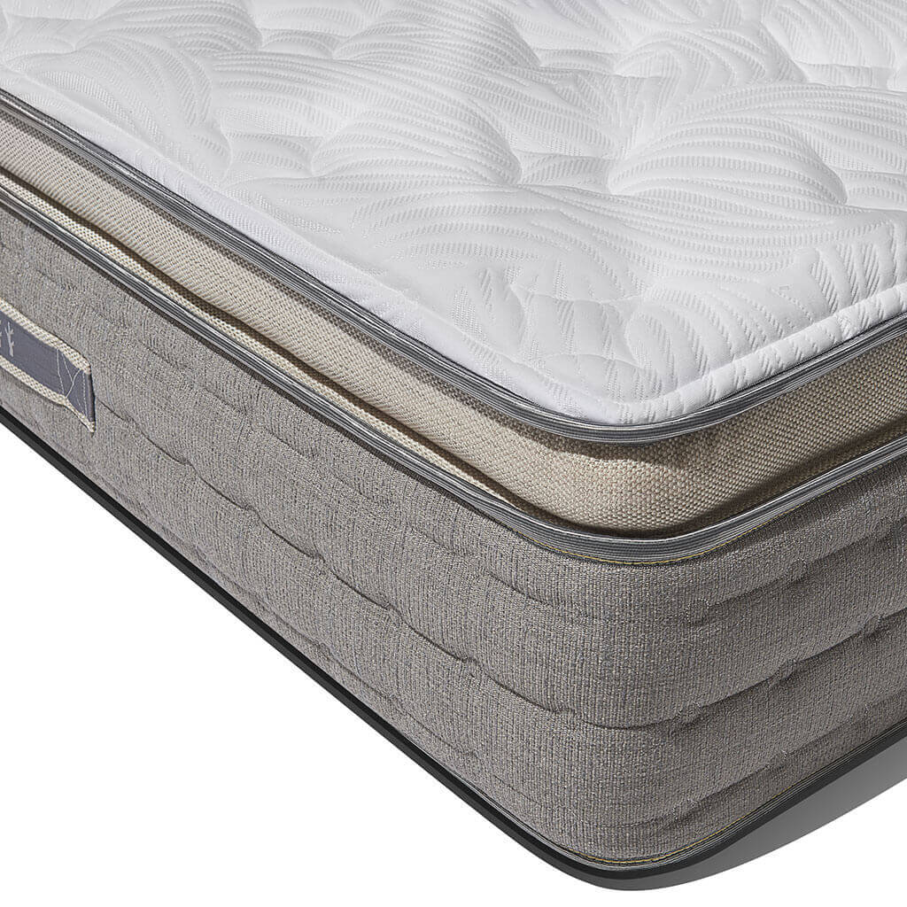 Close-up view of a mattress edge, showing a plush white top with textured patterns and a quilted grey fabric side panel. The mattress appears to have a well-padded and supportive design, with a double border for added durability.