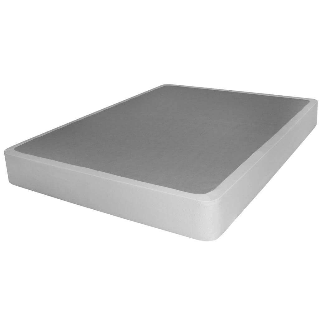 Image of a simple, rectangular box spring with a white outer frame and a flat, grey top surface. The box spring is designed to support a mattress and is shown on a white background.
