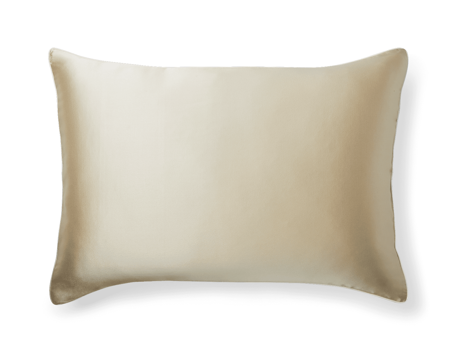 The Silk Pillowcase is a rectangular, beige pillow with a smooth and shiny fabric surface. It boasts a well-defined shape, and the material appears soft and luxurious, casting a faint shadow on the bottom and right sides against a white background.