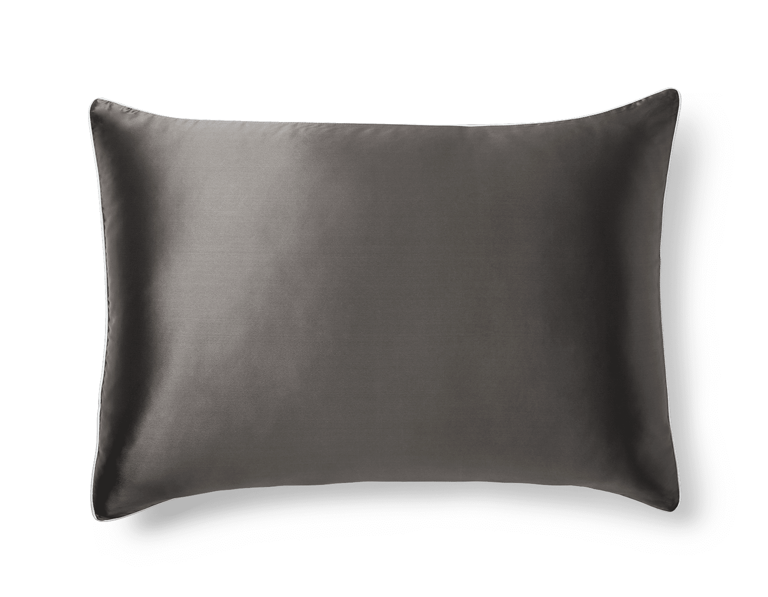 The Silk Pillowcase is a rectangular, gray pillowcase made of silk with a smooth and shiny surface. It features neatly stitched edges that create a subtle border around the pillowcase. The transparent background accentuates the sleek and luxurious texture of the fabric.