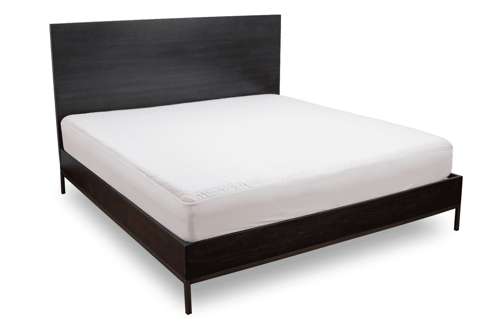 Introducing the Solis Blue Ice™: a modern bed distinguished by its dark wooden frame and high headboard. Equipped with a pristine white mattress and featuring no additional bedding, this piece showcases sleek lines and minimalist design, supported by four slender legs. Displayed against a transparent background, it embodies contemporary elegance.