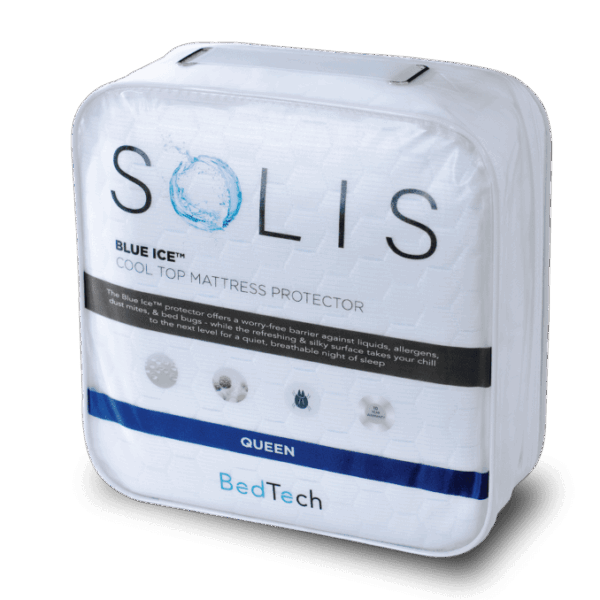 A packaged Solis Blue Ice™ Mattress Protector for a queen-sized bed. The package showcases branding and asserts protection against liquids, allergens, and stains while delivering breathable comfort.