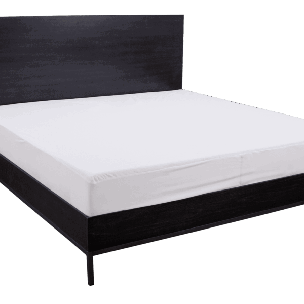 The Solis Quiet Comfort™ is a modern black wooden bed frame with a tall headboard, featuring a neatly made white mattress. The design is minimalist and sleek, with simple lines and a solid structure. The bed stands on four thin black legs.