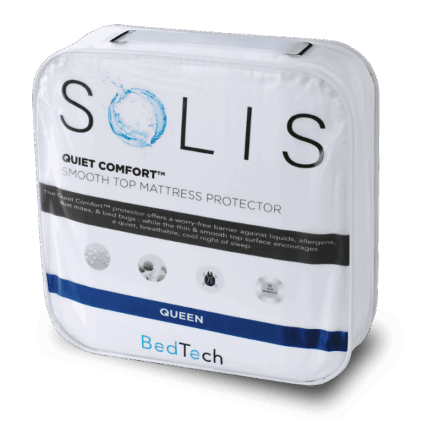 Packaging of a Solis Quiet Comfort™ Smooth Top Mattress Protector for queen-sized beds. The package is white with black and blue text, featuring small icons illustrating its waterproof, hypoallergenic, and machine washable features.
