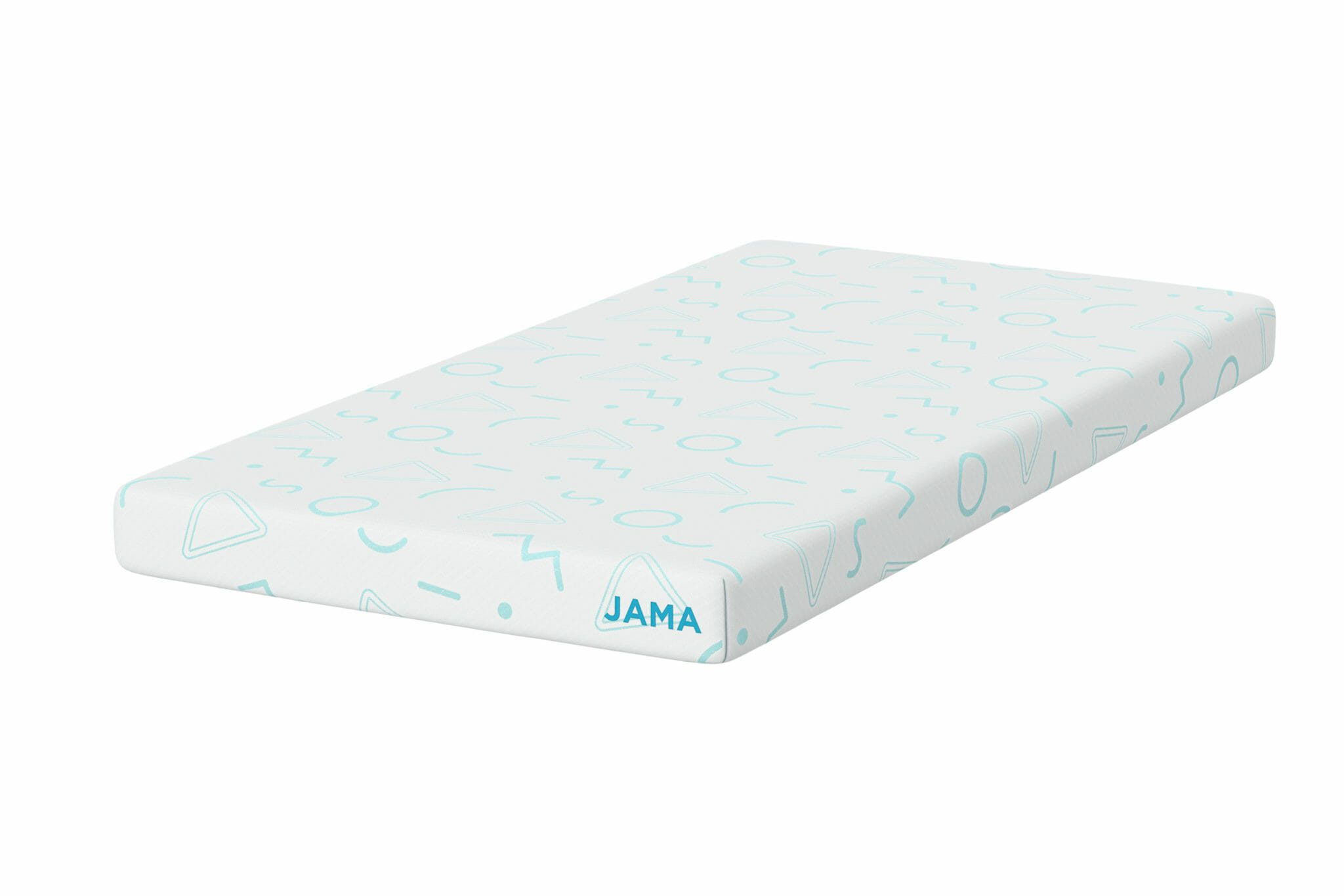 The Mlily JAMA 5" Mattress is a rectangular mattress with a white cover adorned with teal geometric shapes and patterns, featuring the word "JAMA" printed in teal on one corner.