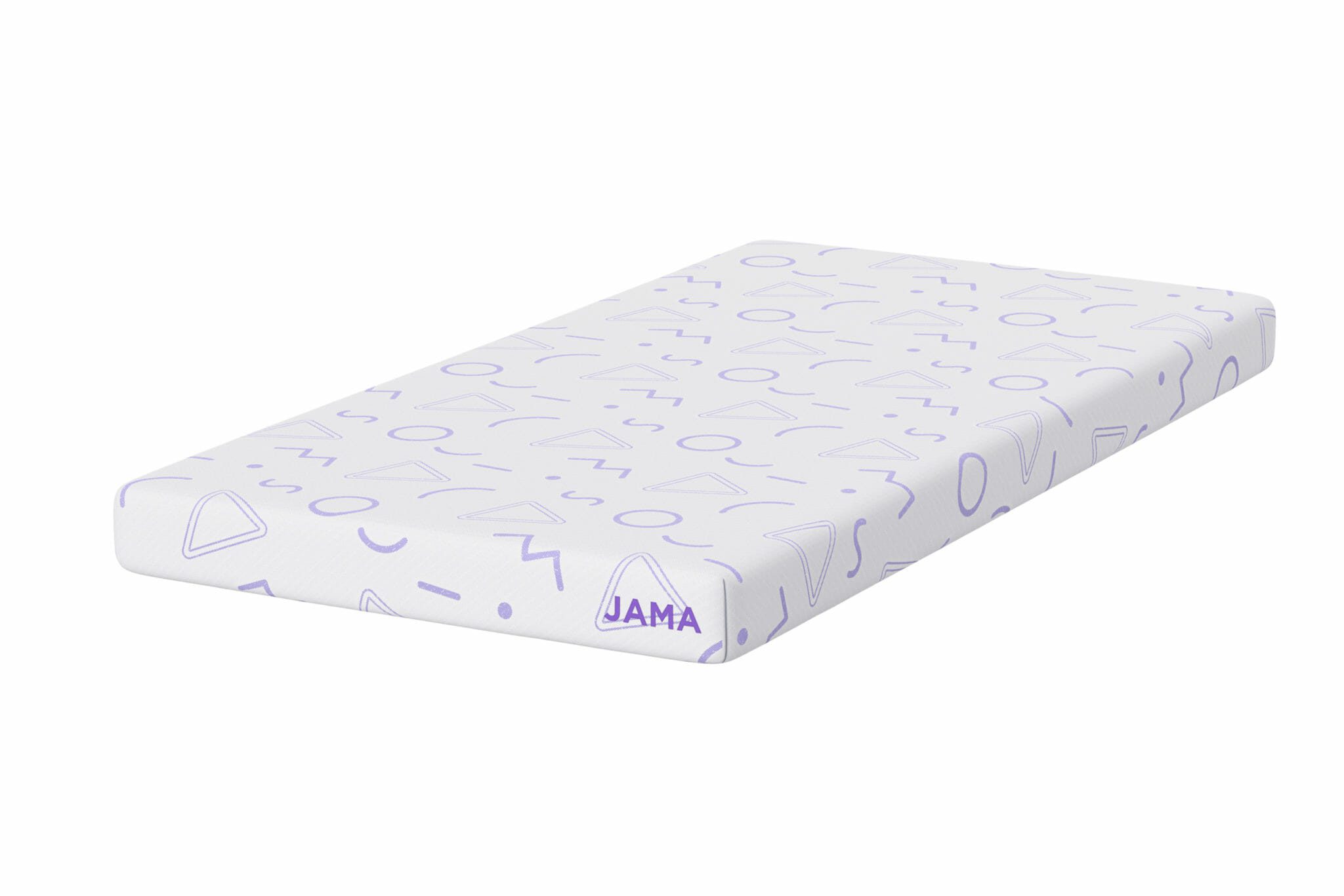 The Mlily JAMA 5" Mattress is rectangular and comes with a white cover adorned with a pattern of purple geometric shapes, including circles, triangles, and squiggles. A small purple tag displaying the text "JAMA" is visible on one corner of the mattress.