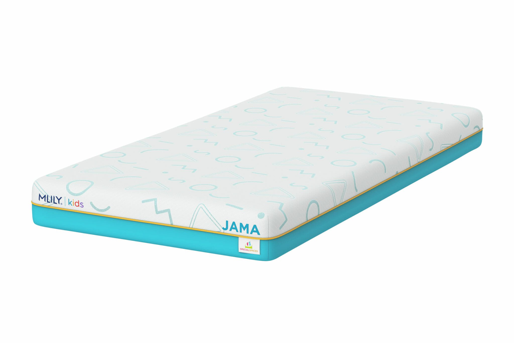 The Mlily JAMA 7" Mattress for kids features a white cover adorned with abstract shapes and patterns in light blue and pale yellow. The sides are a vibrant teal blue with contrasting yellow piping, and the brand name "MLILY kids" along with the model "JAMA" is prominently displayed on the edge.