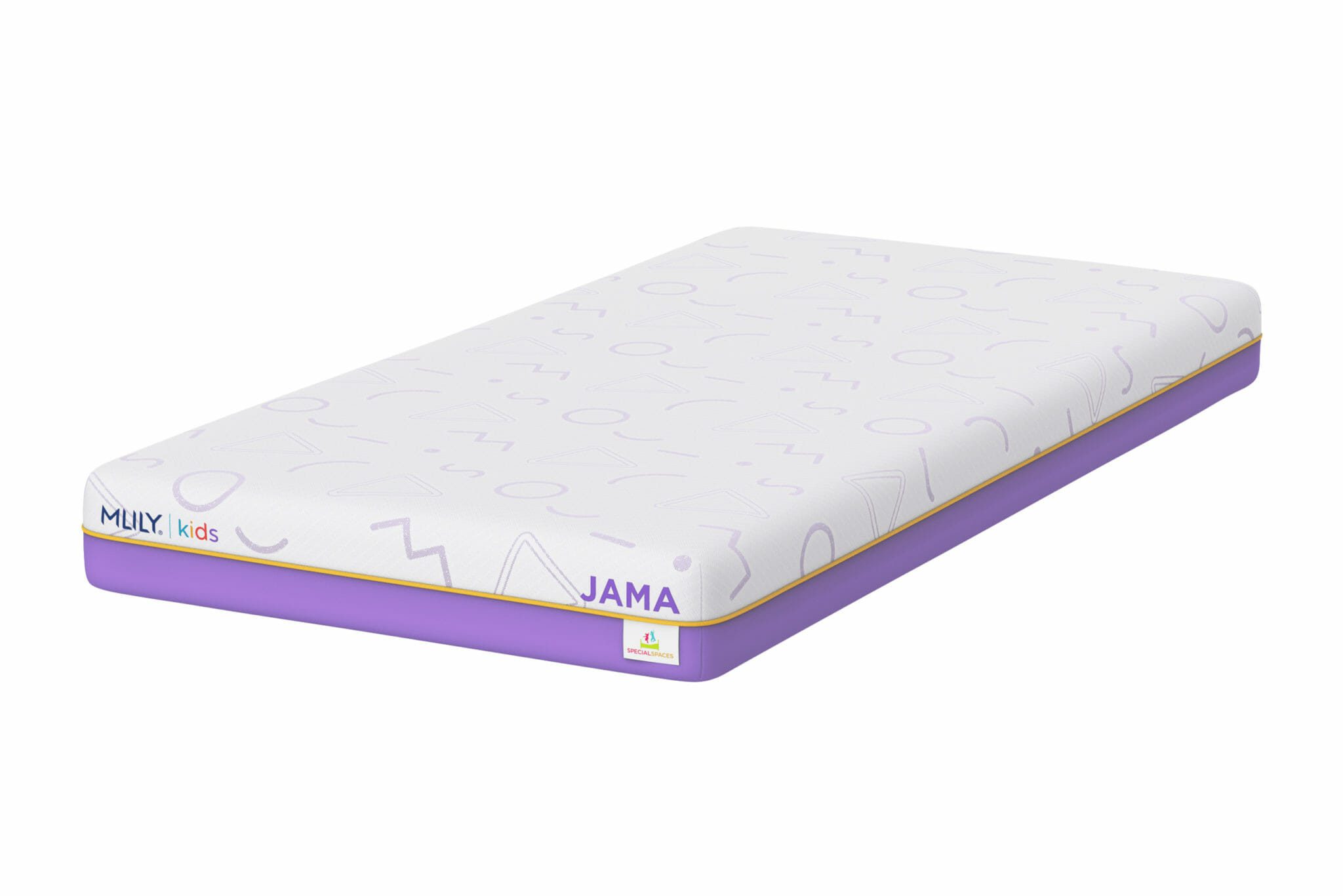A rectangular child's mattress from the Mlily JAMA 7" collection, featuring a white top with subtle geometric patterns and purple sides. The edge is branded with "MLILY kids" and "JAMA," showcasing the brand and model.