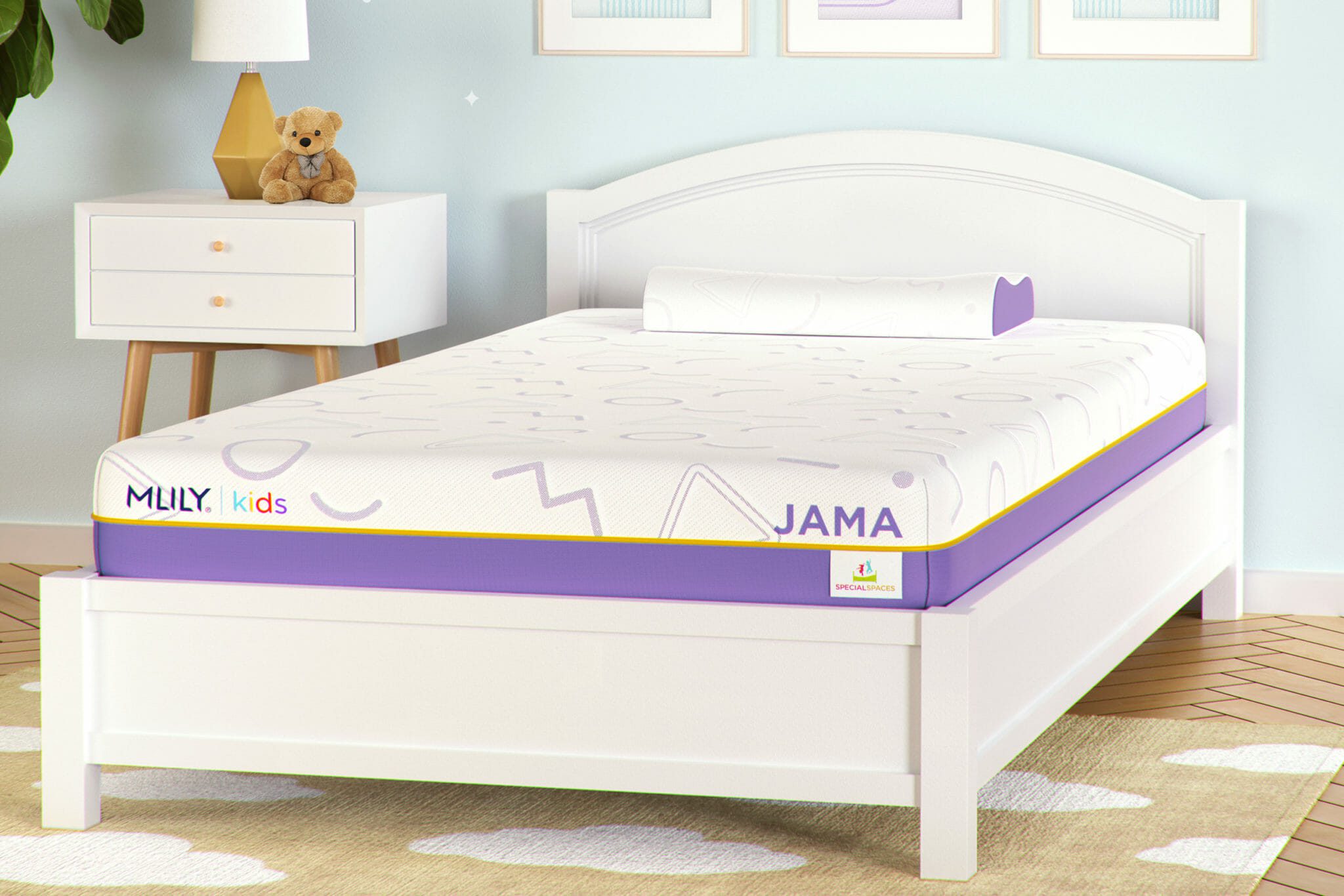 A child's bed features a white Mlily JAMA 7" Mattress with a geometric-patterned cover and purple trim. The room includes a bedside table with a lamp and a teddy bear, while the floor is adorned with a cloud-patterned rug.