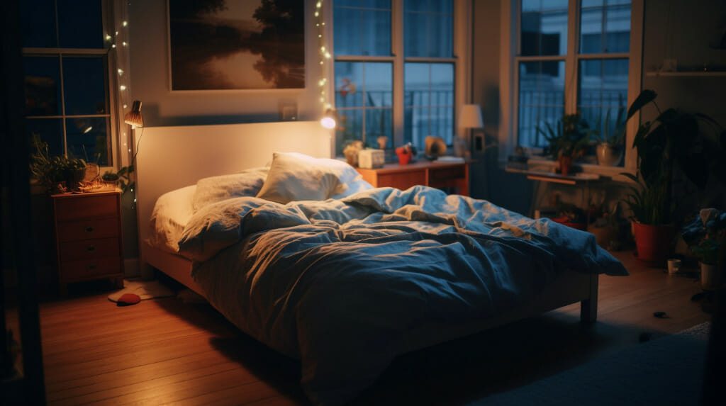 A cozy bedroom at dusk, softly illuminated by string lights along the bed frame. The bed is unmade with rumpled sheets and pillows. Large windows let in blue-tinted light. Plants and personal items are scattered on shelves and dressers, adding warmth to the space.