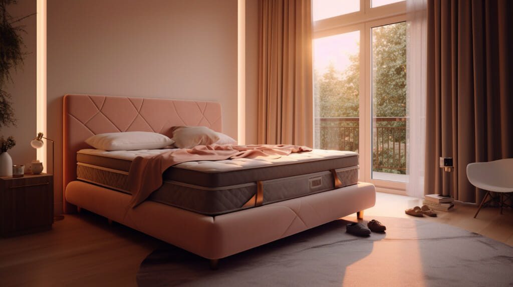 A cozy bedroom with a large pink upholstered bed, neatly made with white pillows and a brown blanket. Natural light floods the room through a floor-to-ceiling window, showcasing a serene outdoor view. Warm tones and modern decor create a tranquil atmosphere.