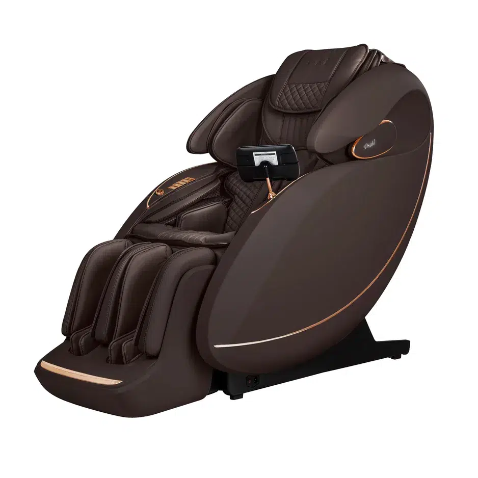 A brown Osaki Platinum Solis 4D+ massage chair features high-tech integrated arm, leg, and foot rests, along with a touchscreen control panel. The chair boasts ergonomic padding and a sleek design for ultimate comfort and relaxation, all supported by a sturdy black base.