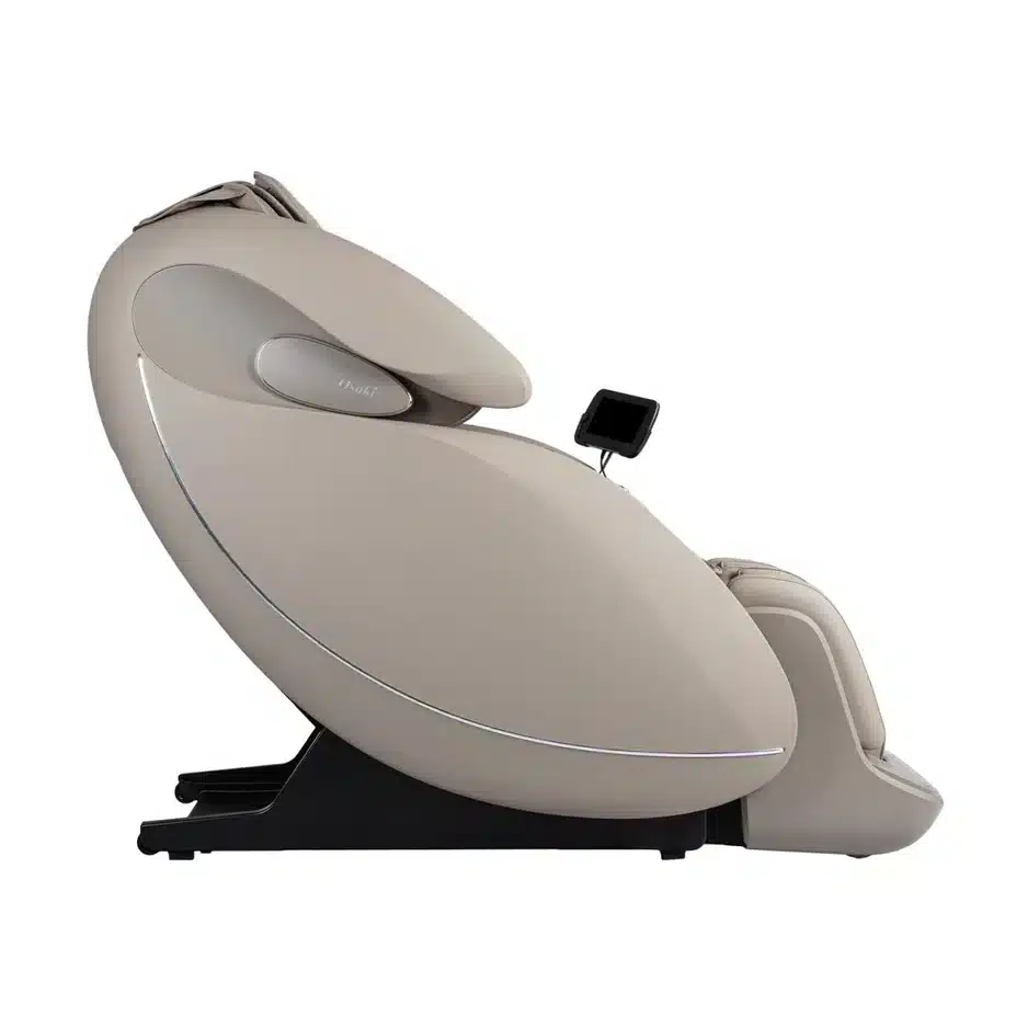 The Osaki Platinum Solis 4D+ is a sleek, modern massage chair in a light beige color. The chair features smooth contours and an attached control screen on an adjustable arm. It is positioned in a reclined state, showcasing its ergonomic design intended for relaxation and comfort.