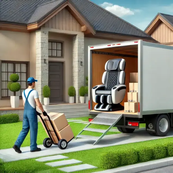 A delivery person in blue overalls and a cap is pushing a hand truck with a cardboard box toward an open moving truck. The truck, which displays the Osaki White Glove Delivery service, is parked in front of a modern house with manicured lawns. Inside the truck, there is a large, luxurious massage chair and several boxes.