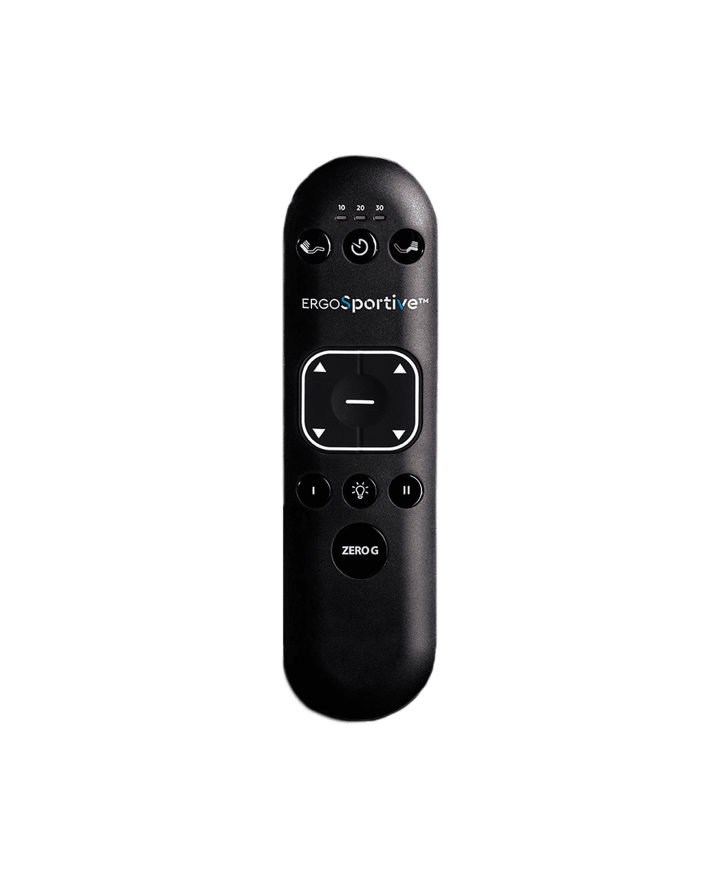 A black ergonomic remote control with the label "Ergo Sportive" near the top and various buttons on the front, including directional arrows, a central selection button, and additional function buttons labeled with icons and text such as "ZEROG," designed for use with the Ergo Sportive Adjustable Smart Bed.