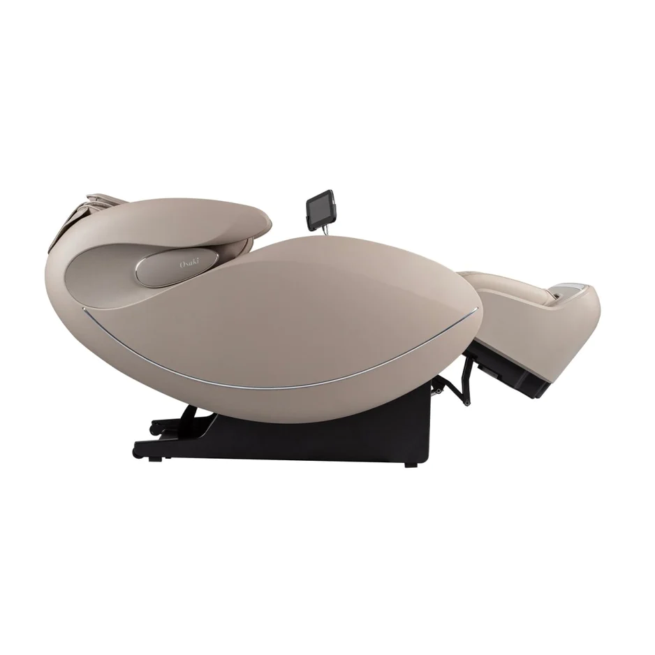 The Osaki Platinum Solis 4D+ is a sleek, modern beige massage chair featuring a reclining design. It comes equipped with a leg rest and a small attached touchscreen on a stand, all resting on a black base. The chair's smooth and ergonomic design exudes luxury and comfort.