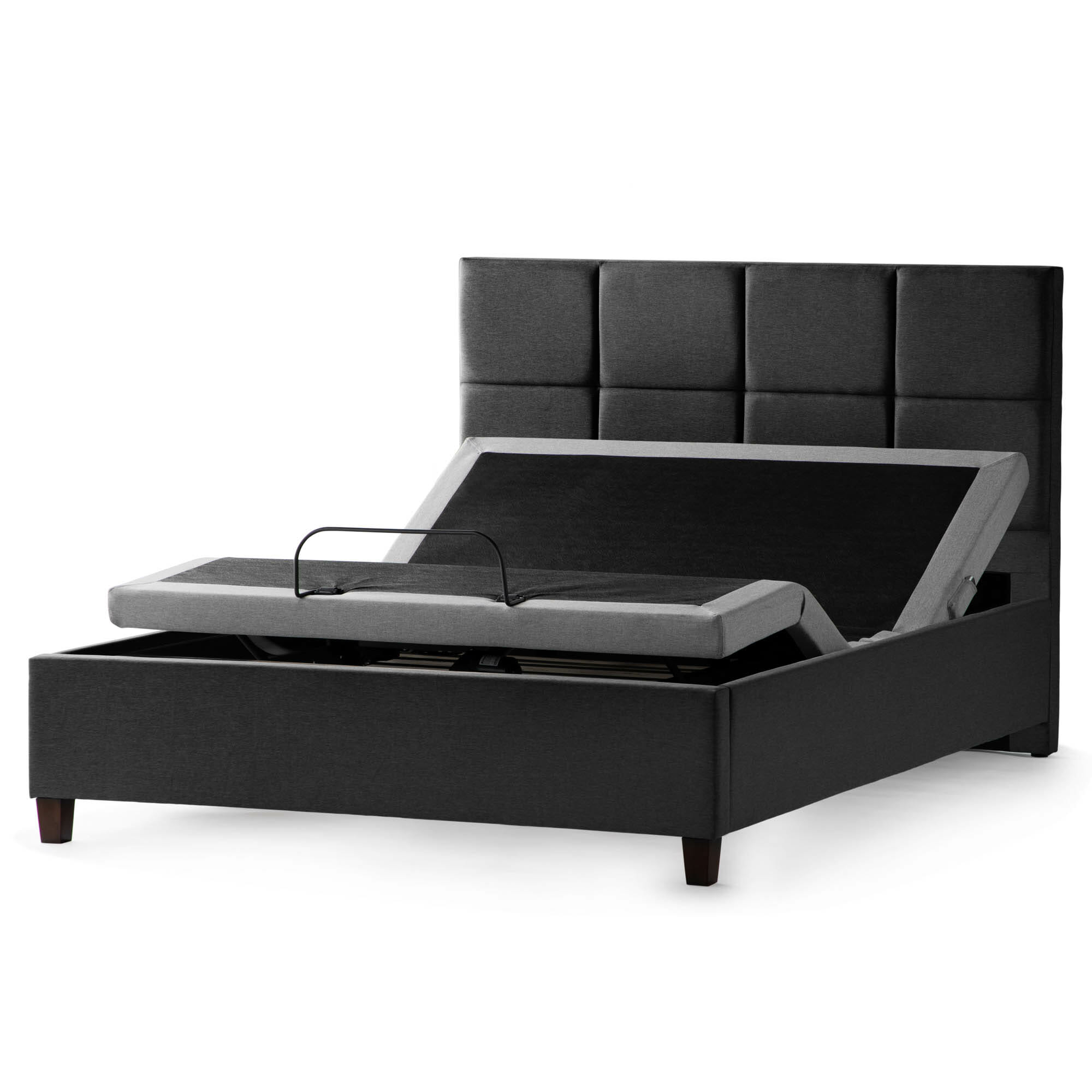 The Scoresby Designer Bed features a black adjustable frame complemented by a cushioned, rectangular-patterned headboard. Showcasing its versatile comfort, the upper half of the mattress is elevated. The bed stands elegantly on small black legs.