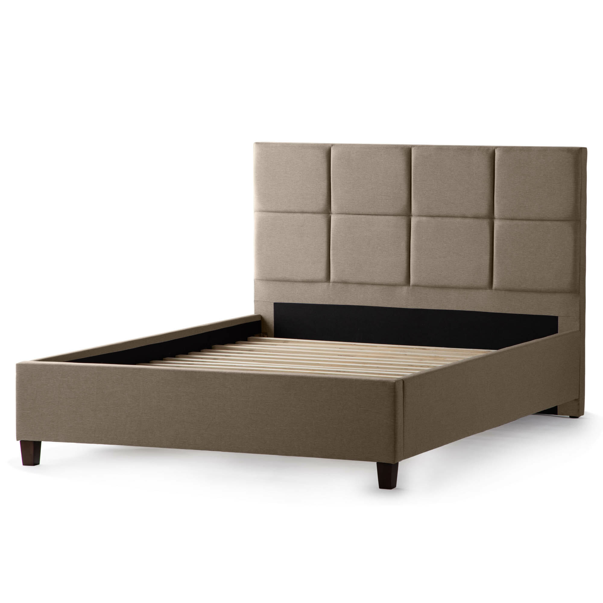The Scoresby Designer Bed is a taupe upholstered bed frame with a tall, tufted headboard featuring square patterns. It includes wooden slats but does not come with a mattress. The bed has short, dark wooden legs and showcases a contemporary, minimalist design.