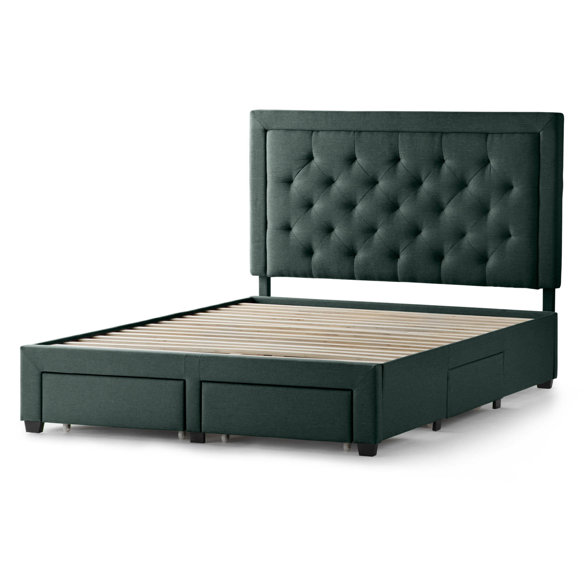 The Hennessy Headboard is a green upholstered bed frame featuring a diamond-shaped tufted headboard with a plush appearance. It includes wooden slats and four storage drawers beneath, supported by short black legs.