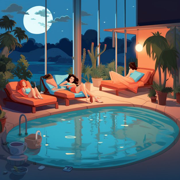 Illustration of three women relaxing on lounge chairs beside a small, round swimming pool on a moonlit night. They are surrounded by tropical plants and a cactus, with a full moon visible through large glass windows in the background, creating the perfect setting for an Airbnb stay with luxurious mattresses.