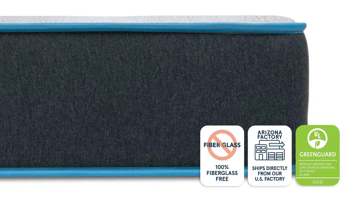 A close-up view of the Bear Original mattress showcases its dark gray fabric with blue trim. Three icons on the right highlight its features: "100% Fiberglass Free," "Ships Directly from Our U.S. Factory," and "UL GREENGUARD Gold Certified for Low Chemical Emissions.