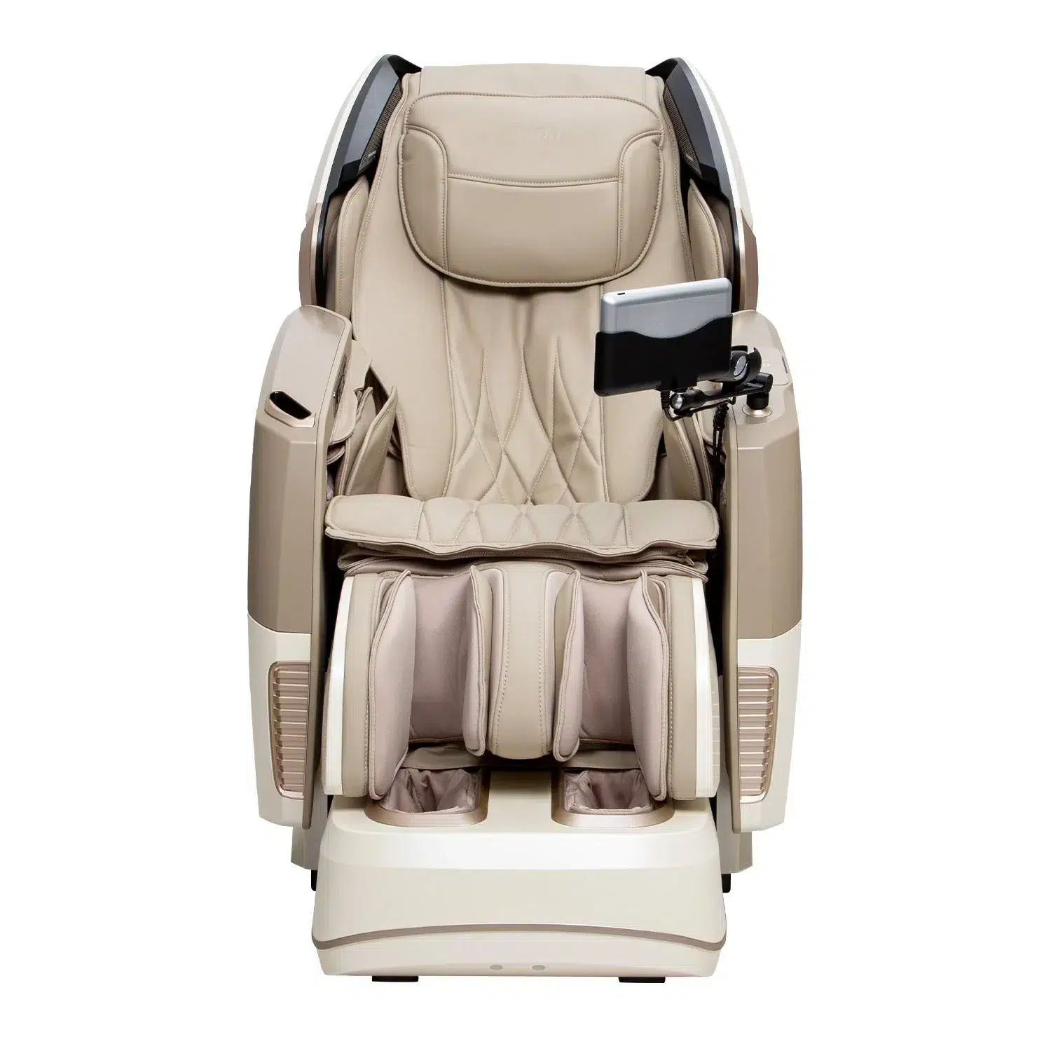 The Osaki 4D Maestro LE 2.0 is a beige and brown massage chair with multiple padded sections and an attached control panel on the right armrest. It features footrests, armrests, and a reclining back, offering various massage functionalities.