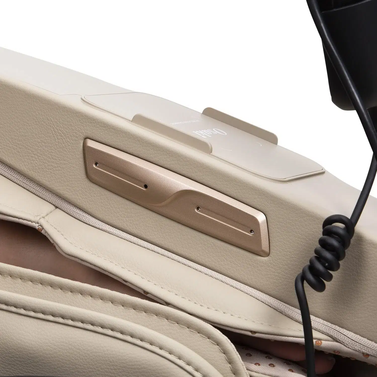 Close-up of the Osaki 4D Maestro LE 2.0 beige massage chair with a control panel. The control panel features a sleek metallic button with a smooth finish, and a coiled black wire is connected to it, suggesting remote control functionality for adjusting the chair's settings.