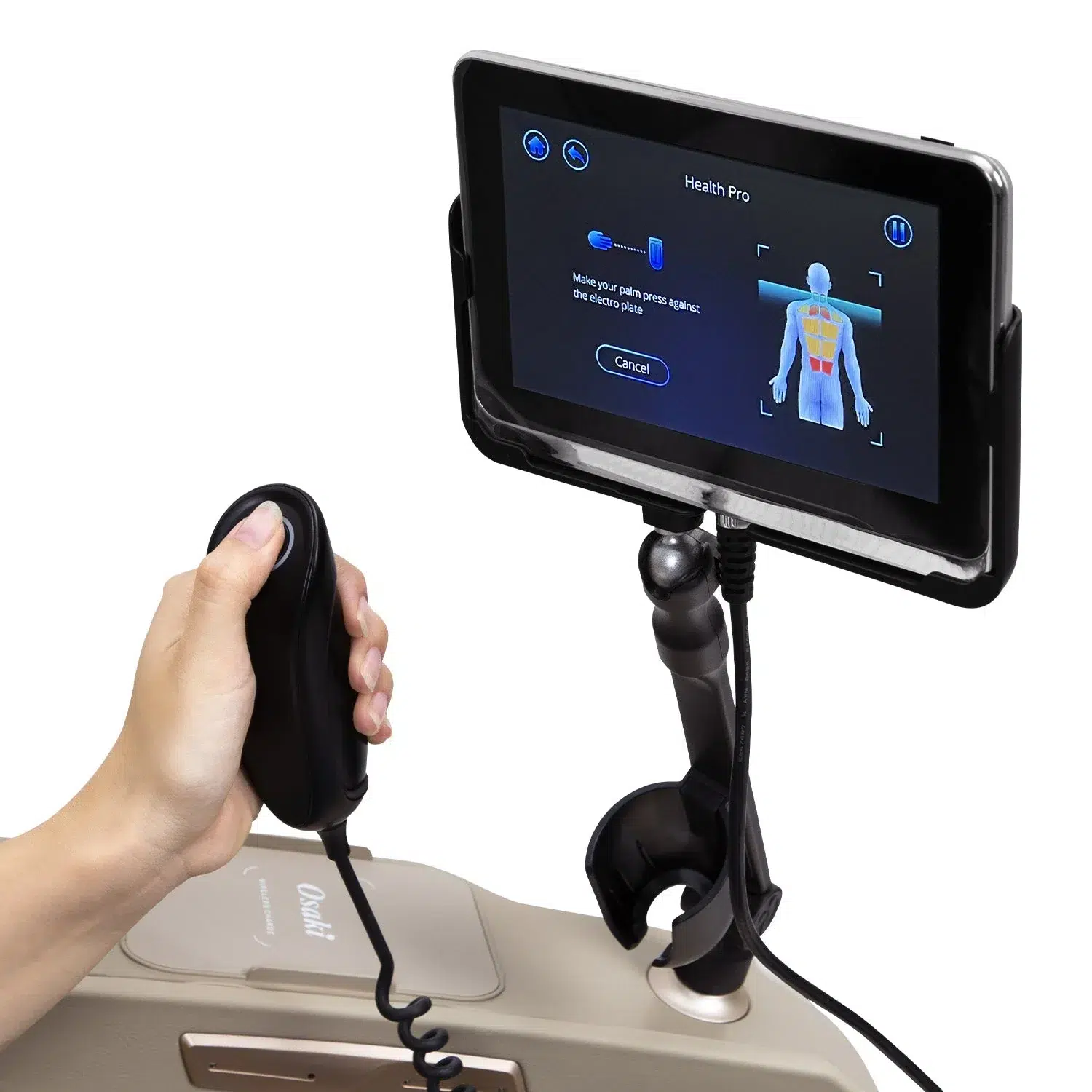 A device setup displaying a health monitoring interface. A person's hand is holding a connected handheld scanner. A touchscreen shows a health diagram with instructions, and the scanner is pointed toward an Osaki 4D Maestro LE 2.0 machine in the background.