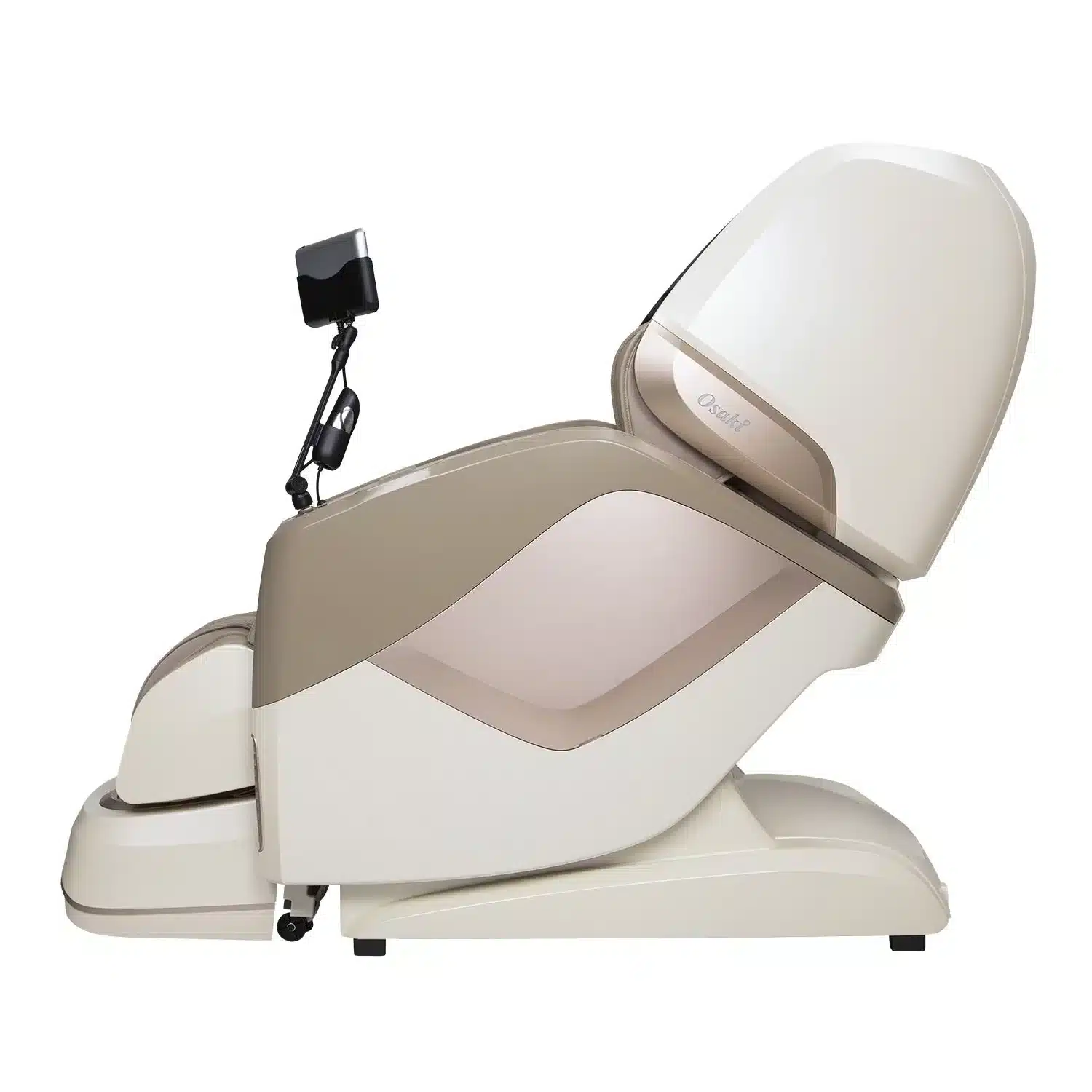 A side view of the Osaki 4D Maestro LE 2.0, a modern beige and brown massage chair with a reclining backrest and footrest. It features a mounted control screen on the left armrest, allowing users to adjust settings for a personalized massage experience.