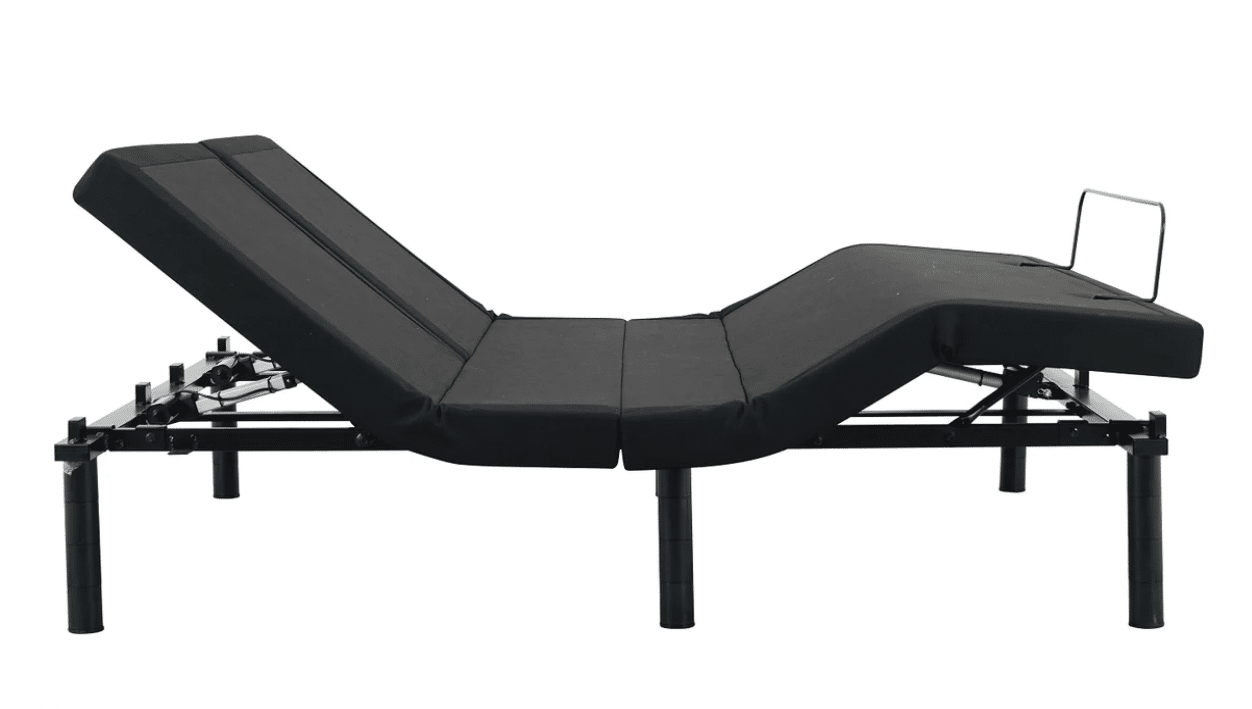 The DUETTO Split Top Adjustable Base is shown in a positional configuration with the head and leg sections raised. Supported by multiple cylindrical legs, it features a simple, sleek design. A metal retainer at the foot end keeps the mattress securely in place.