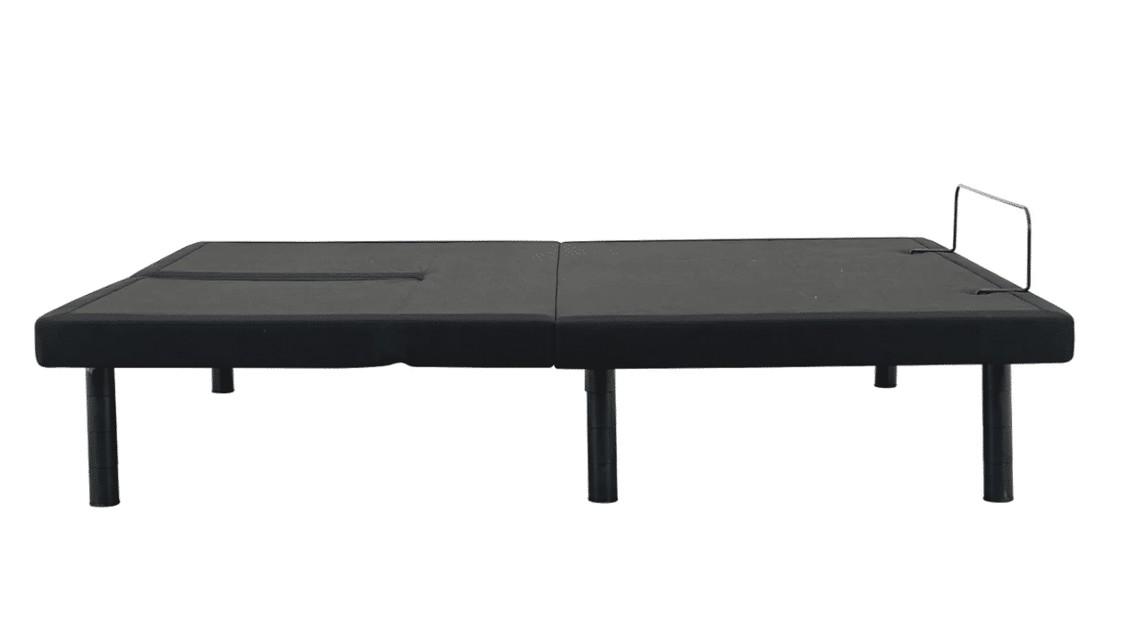 A side view of the DUETTO Split Top Adjustable Base in black, featuring six sturdy legs and a split down the middle. A small metal bar is visible at one end, demonstrating its setup without a mattress.
