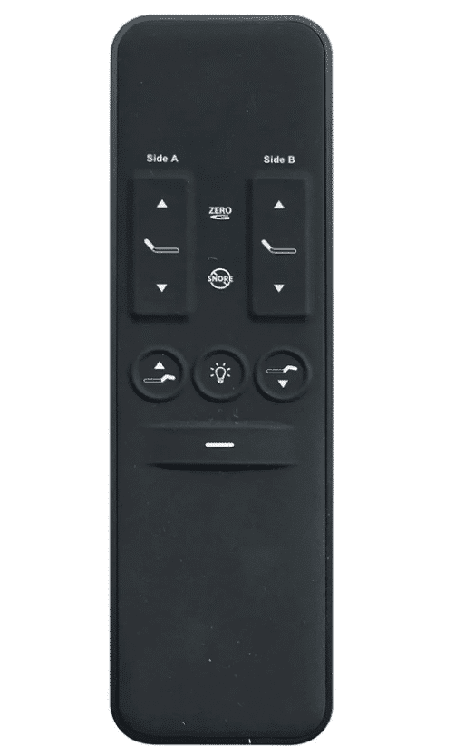 The DUETTO Split Top Adjustable Base remote control features buttons labeled "Side A" and "Side B" at the top, arrow buttons beneath them, a power button in the center, circular navigation buttons in the middle, and a sun icon button at the bottom for adjusting brightness.