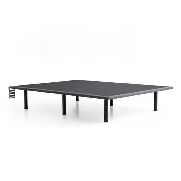 The Yawnder Platform is a modern black metal bed frame with a minimalist design. It features sturdy legs and a slatted base for mattress support, along with a unique accessory storage attachment on the left side for additional functionality.