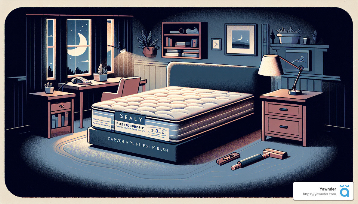 A cozy, dimly lit bedroom with a neatly made bed as the focal point. The bed has a Sealy mattress with labels indicating its features. By the bed are two nightstands with lamps, books, and plants. A window reveals a night sky with a crescent moon and stars.