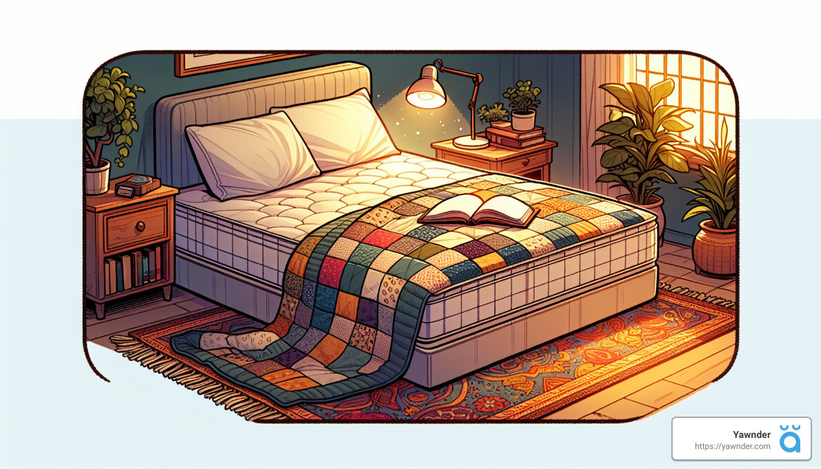 A cozy bedroom with a neatly made bed covered with a colorful patchwork quilt. A book is open on the bed, and a nightstand with a lamp and potted plant is beside it. A bookshelf and another plant are near the window, and a patterned rug is under the bed.