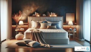 a bed with a blanket and lamps